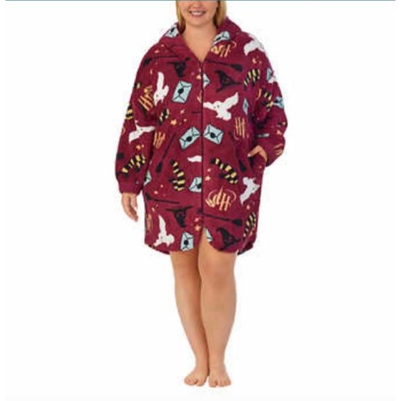 Harry Potter Hooded Full Zip Fleece Robe Red Allover Print Pockets Womens Large - Picture 6 of 6